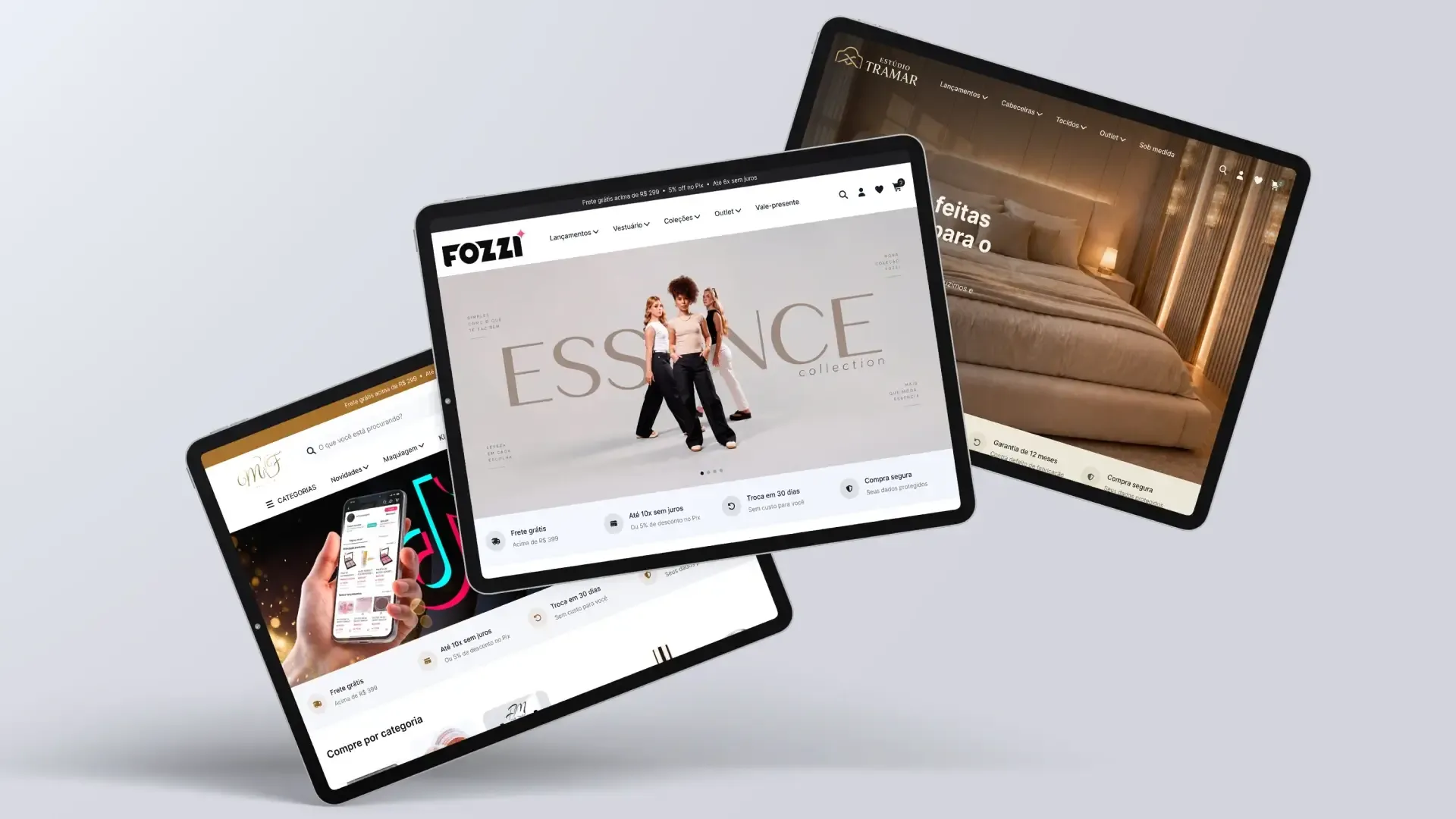 Previews de lojas virtuais com identidades diferentes no mesmo tema