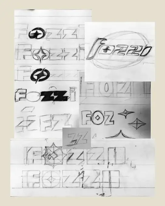 Rascunhos e estudos do logotipo Fozzi