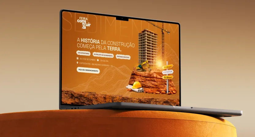 Notebook sobre um puff laranja mostrando a página da Feira Construir Aí 2026